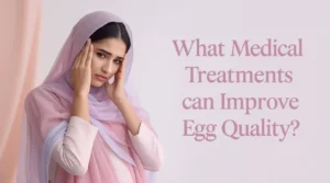 A woman is worried for her infertility and text written on the poster "what medical treatments can improve egg quality?".